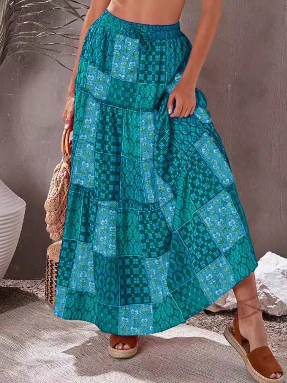 Green Bohemian Women's High Waist Skirt with Floral Print and Lace Hem